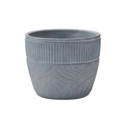 Modern Decorative Concrete Planter Pot - Grey, Ribbed and Embossed Leaf Design - Indoor/Outdoor, 8-inch Round Pot for Succulents, Herbs, or Small Plants AF041