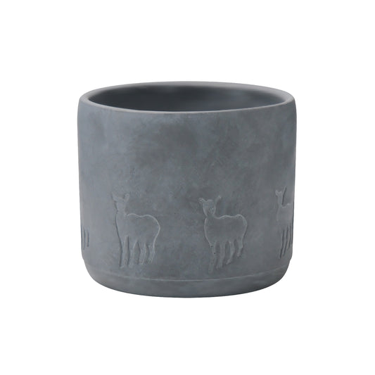 Elegant Gray Concrete Planter with Deers Embossed – Small Round Indoor/Outdoor Decorative Pot，Composite Material Planter AF079