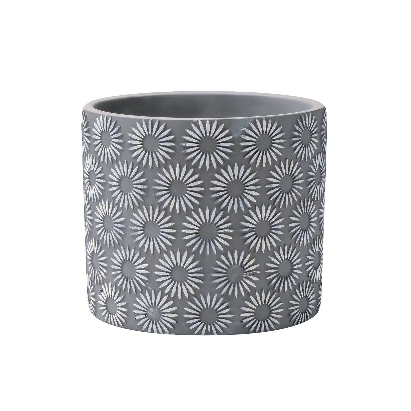 Modern Gray Concrete Planter with Sunflower Pattern  Embossed– Round Indoor/Outdoor Flower Planter Pot , Composite Material Planter AF084