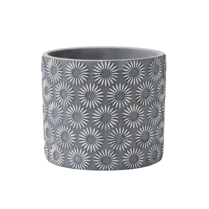 Modern Gray Concrete Planter with Sunflower Pattern  Embossed– Round Indoor/Outdoor Flower Planter Pot , Composite Material Planter AF084