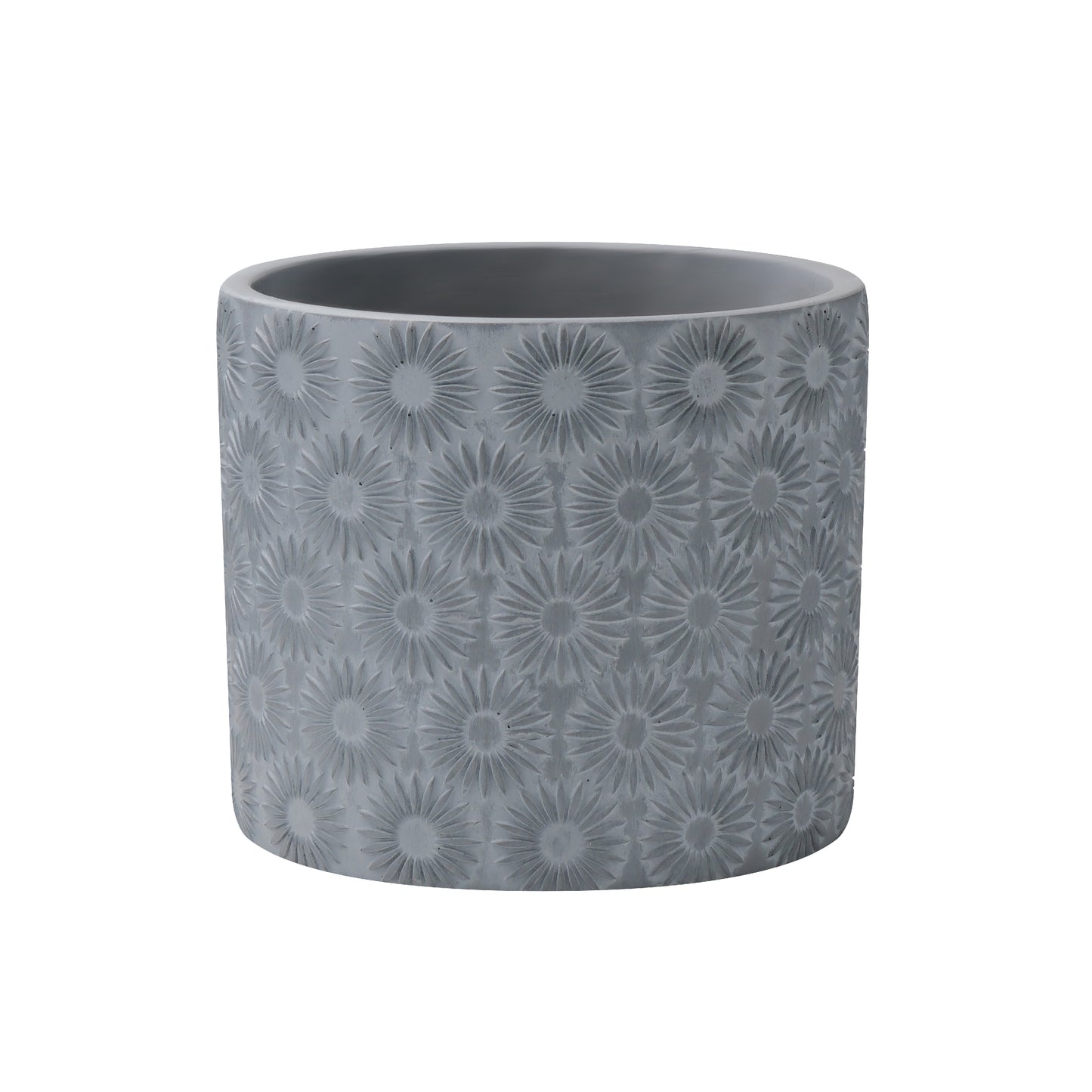 Modern Gray Concrete Planter with Sunflower Pattern  Embossed– Round Indoor/Outdoor Flower Planter Pot , Composite Material Planter AF084